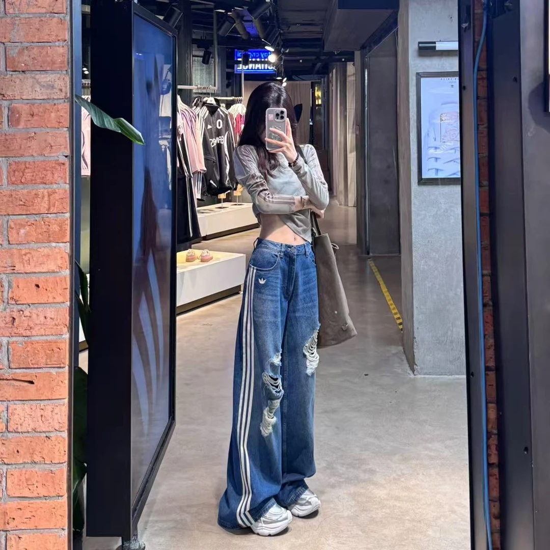 ADIDAS LOOSE DENIM DESTRESSED PANTS 牛仔破洞宽松运动裤KE3300
