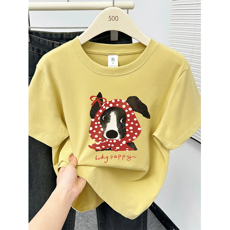 正肩短袖t恤女大码胖mm穿搭夏季2025年新款狗狗印花圆领半袖上衣
