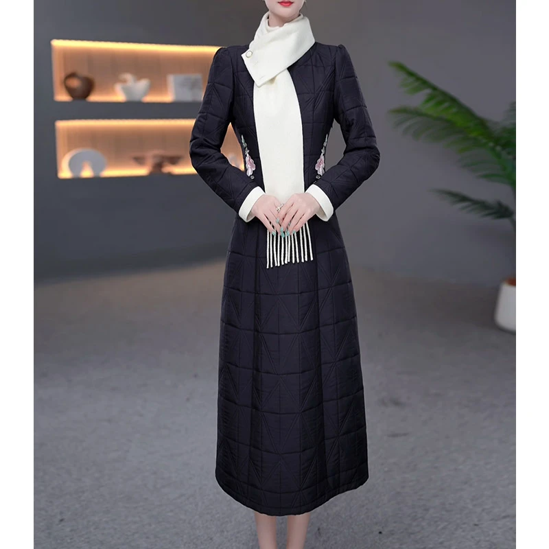 DBF-25B222 新款新中式刺绣气质轻奢夹棉加厚中长款连衣裙 M-5XL