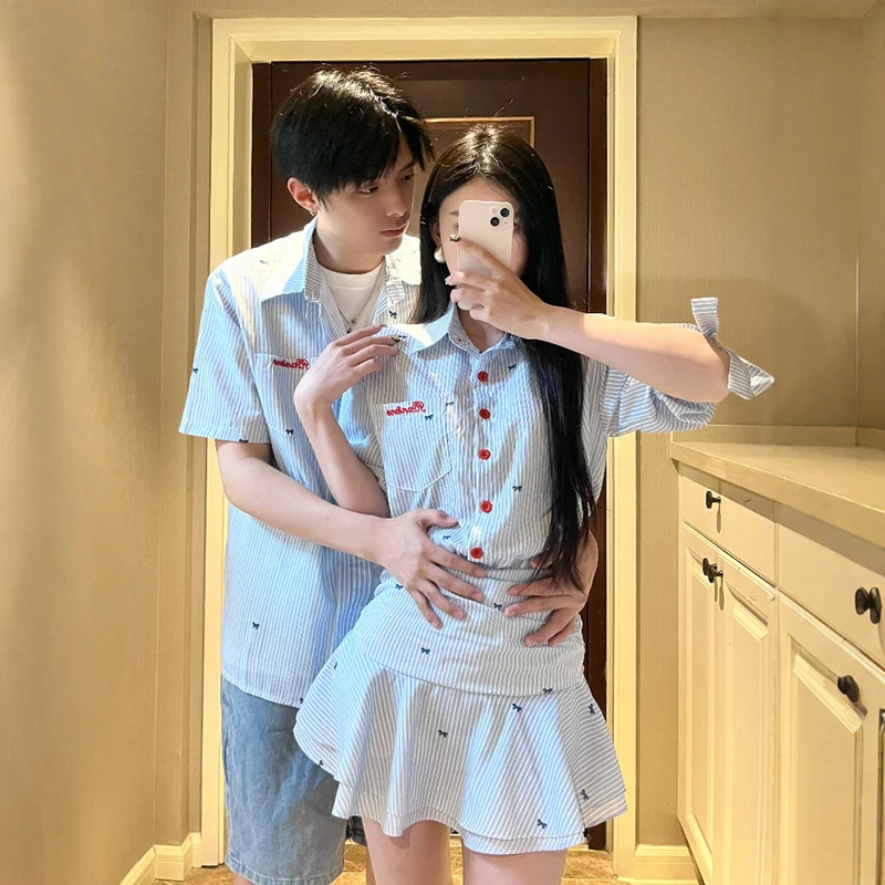 情侣装2025新款夏季ins超火学生学院风衬衫中袖连衣裙流行宽松潮