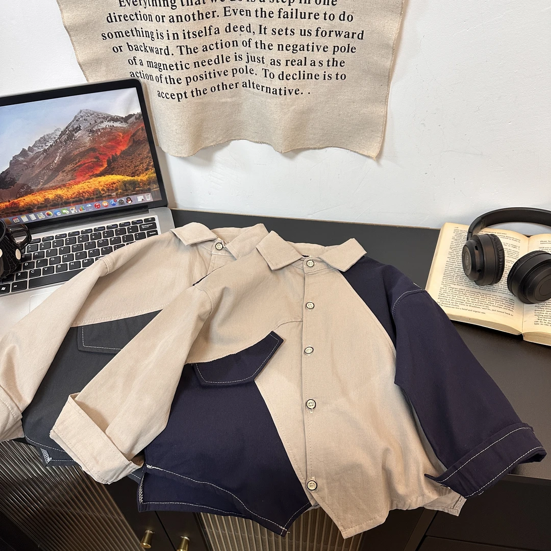 2608春款时尚休闲百搭洋气男女童拼色衬衫