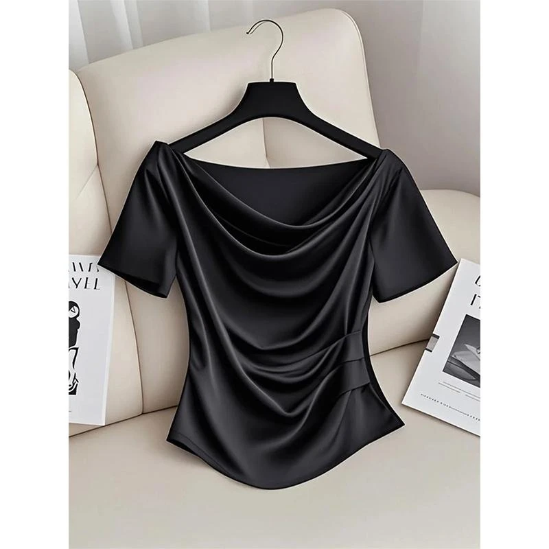法式黑色一字肩荡领短袖T恤女2025夏季新款高级感短款掐收腰上衣