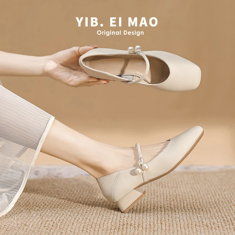 流光风~真皮法式低跟玛丽珍鞋女粗跟旗袍低跟方头真皮通勤女鞋子