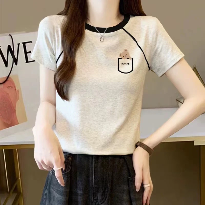 2025夏季新款纯棉短袖T恤女撞色拼接打底衫洋气时髦米灰色上衣潮