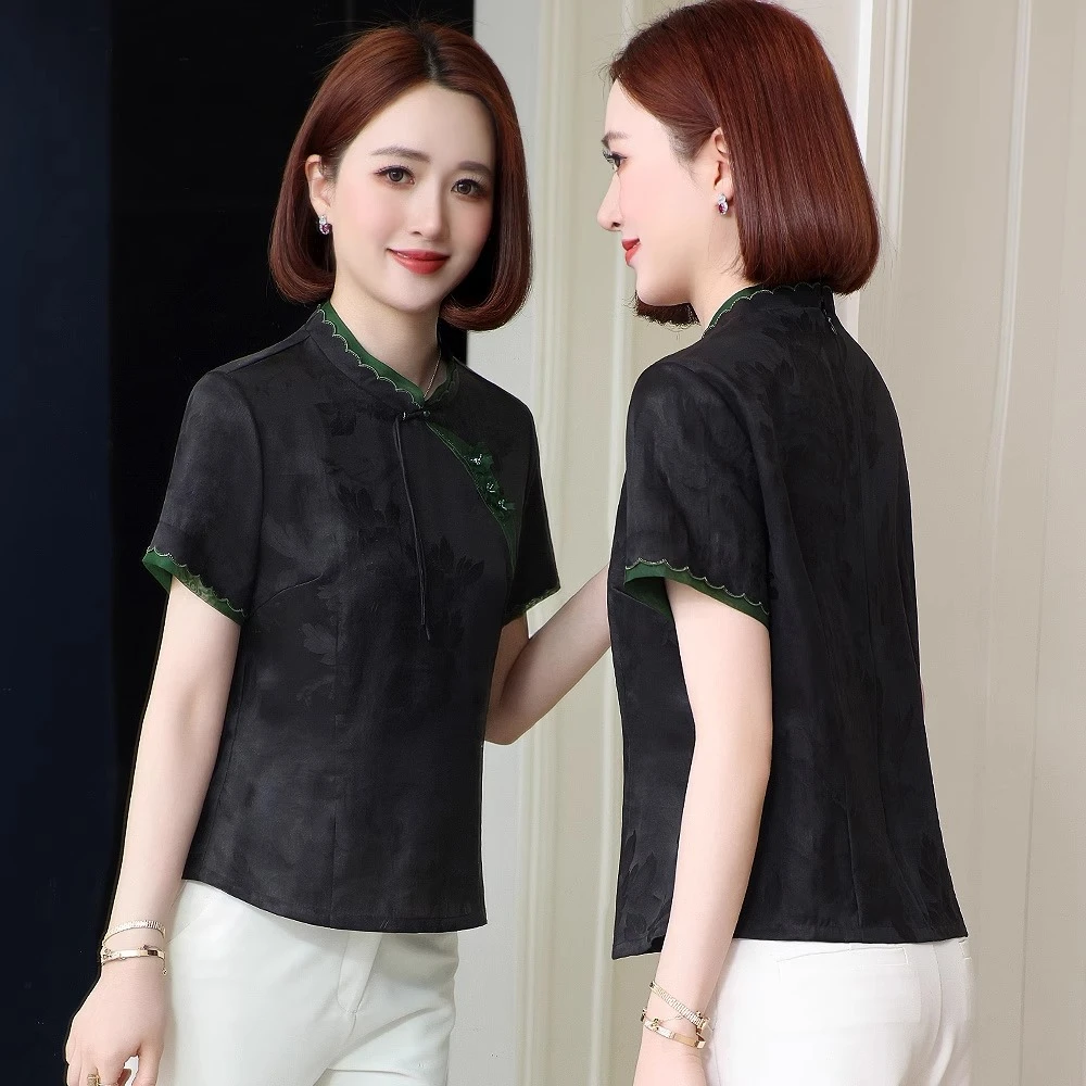 香云纱妈妈装上衣女100%桑蚕丝新款夏妈妈显瘦新中式短袖真丝衬衫