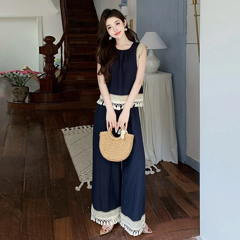 夏季法式复古气质显瘦波西米亚风宽松无袖背心高腰阔腿裤两件套