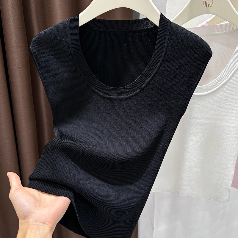 黑色高级感飞飞袖针织上衣2025夏季冰丝薄款气质大U领修身短袖t恤