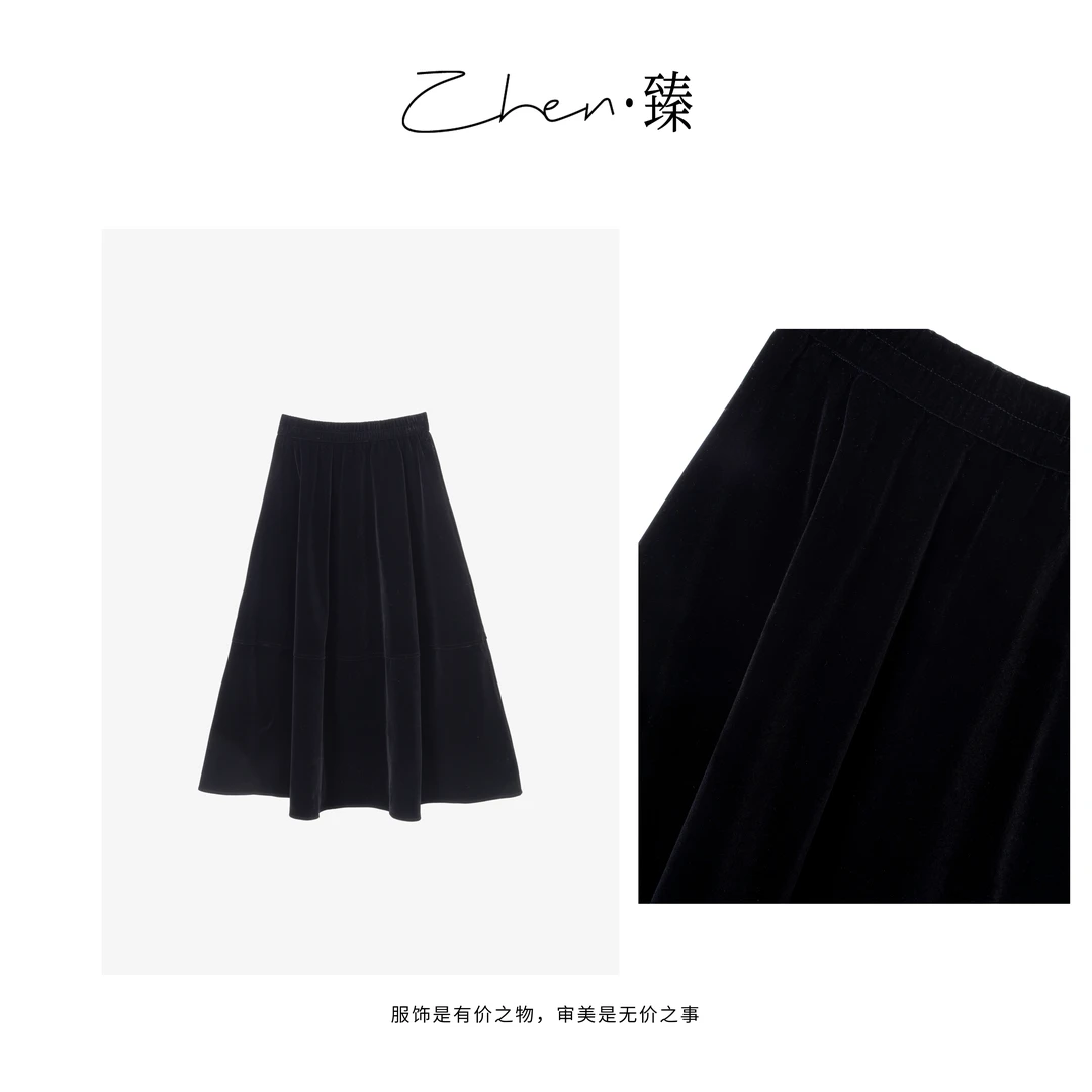ZHEN.臻 轻奢高品时尚高腰松紧百搭丝绒半身裙冬季加厚BQ7455Z