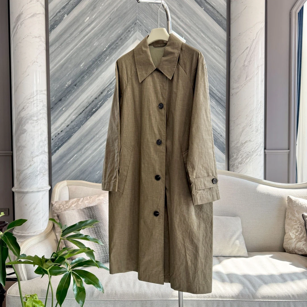 【亏本清仓no退no换】飒影淡灰绿色亚麻涂层风衣外套女 AW6706