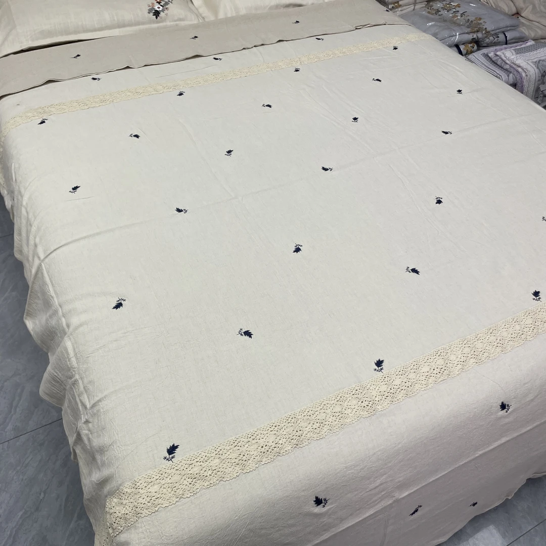 新品！《元七猫-福枝蔓系列》罗布麻 汉麻床盖 双层绣花透气床单盖毯