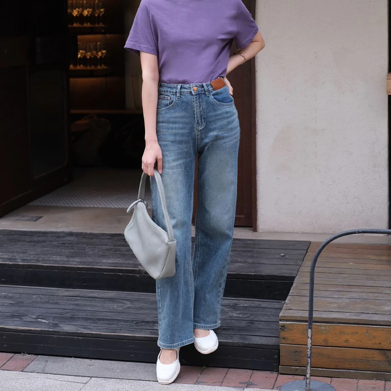 Petit Bari 微喇高腰垂感牛仔裤 显瘦复古宽松 休闲 水洗时尚