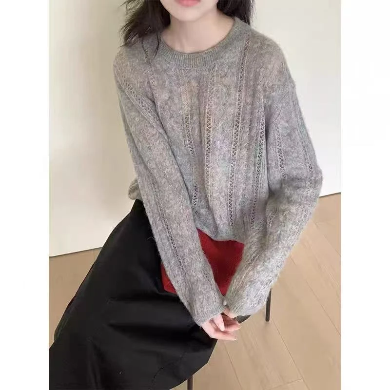 【麻花镂空竖纹】洋气范圆领麻花镂空竖纹薄款气质女装针织衫1920