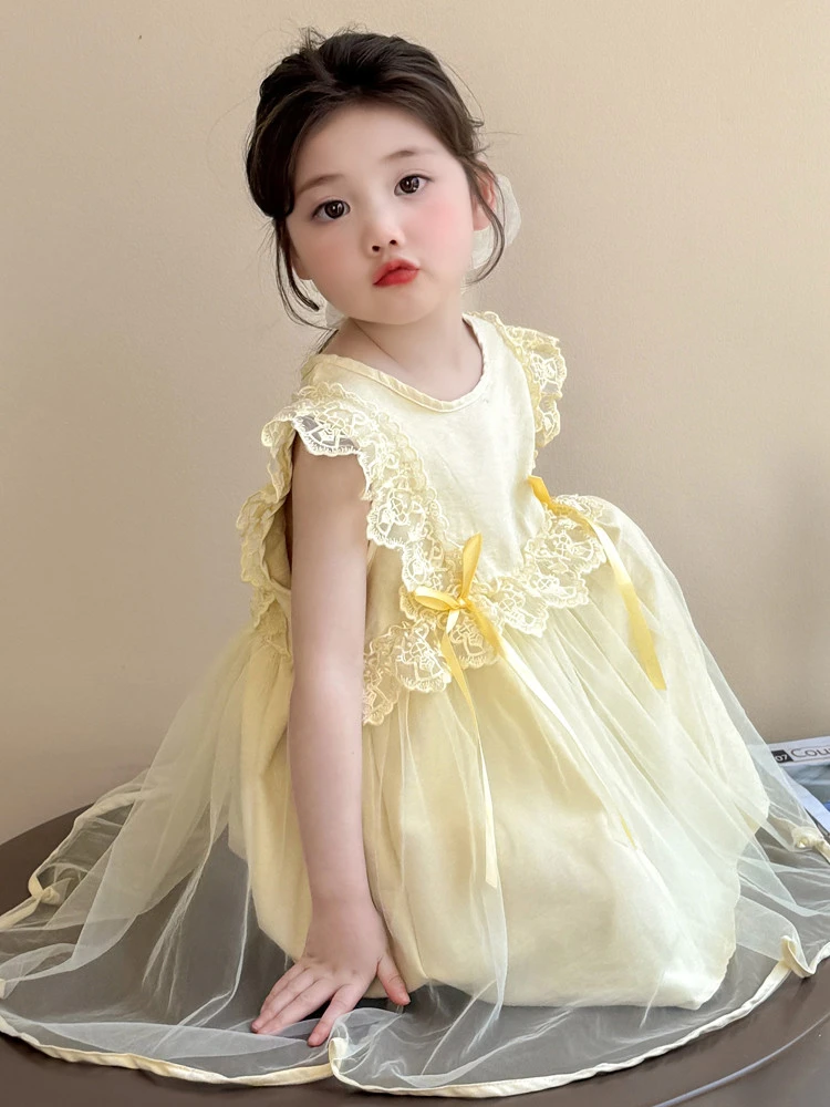 女宝纯色蕾丝公主裙休闲风婴儿洋气连衣裙夏季纱裙X032黄色纱裙
