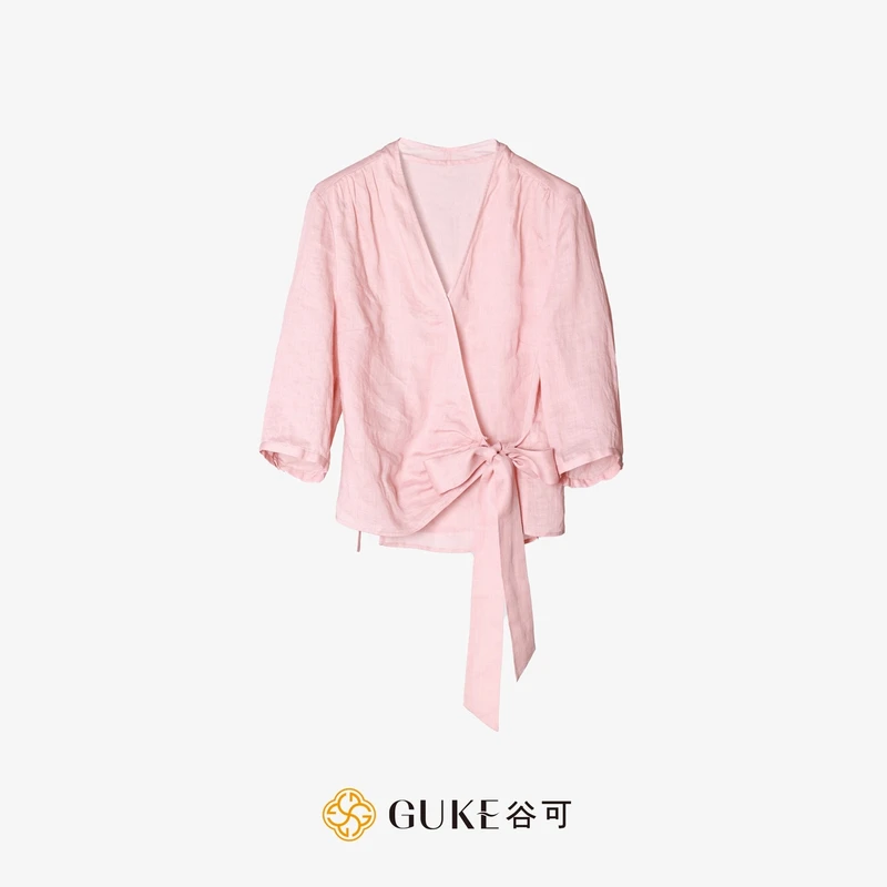 GKE/谷可S5186系带苎麻衬衫女2025新款夏季法式V领气质小衫短上衣