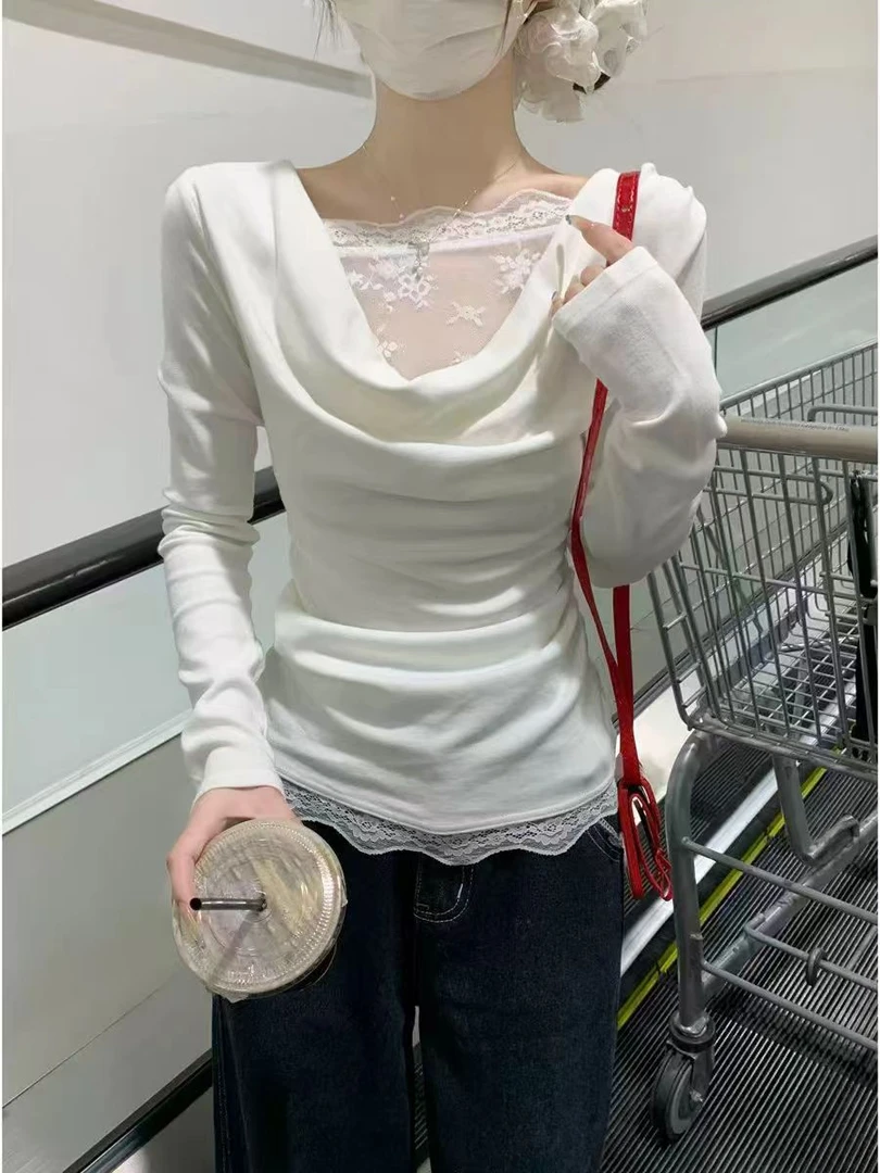 2025时尚蕾丝拼接百搭温柔纯欲显瘦气质洋气百搭小衫988639