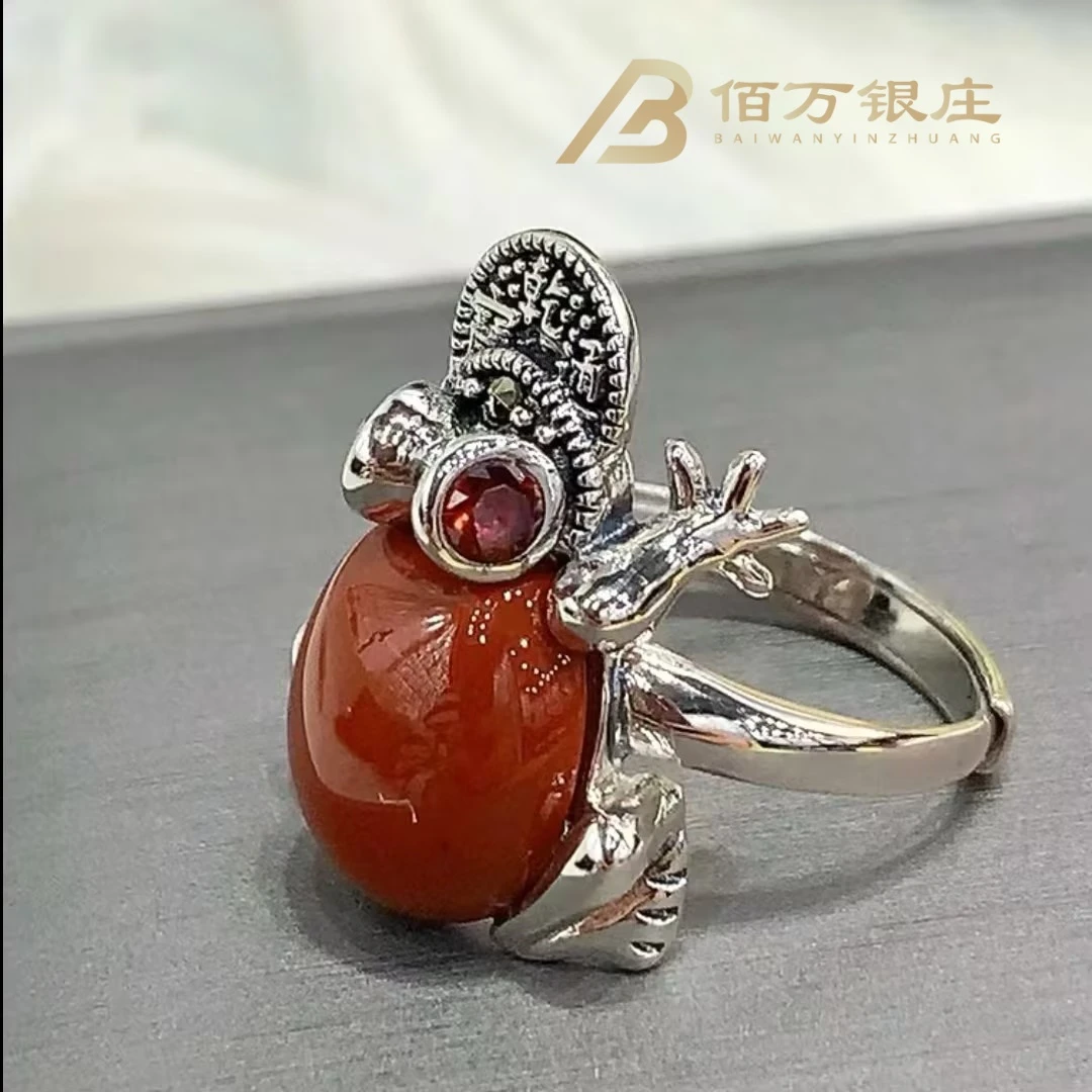 【佰万银庄】s925银金蟾献瑞南红灵蟾开口戒指气质2025新款可调节