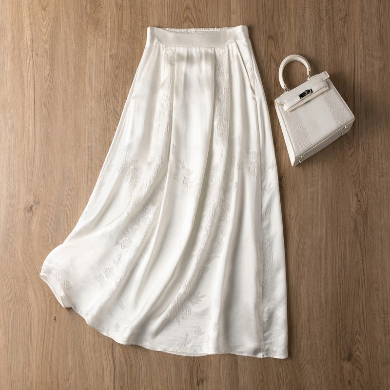 柔软浮雕感！28姆米！弹力冠乐绉缎面白色松紧腰高腰桑蚕丝半身裙