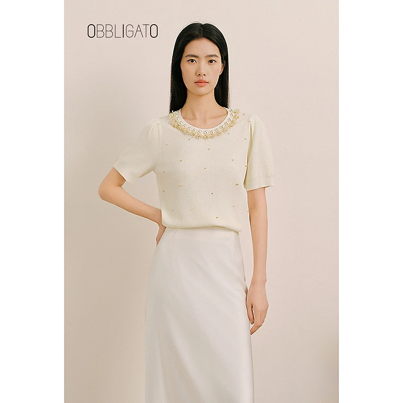 OBBLIGATO奥丽嘉朵2025夏季1C35206010新品手工钉珠华夫格针织衫