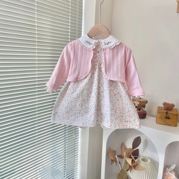 韩单 小星星 25春款 粉色小花连衣裙三件套套装