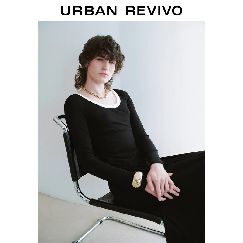 UR2026春季新款女休闲简约撞色领长袖连衣裙UWM750112+