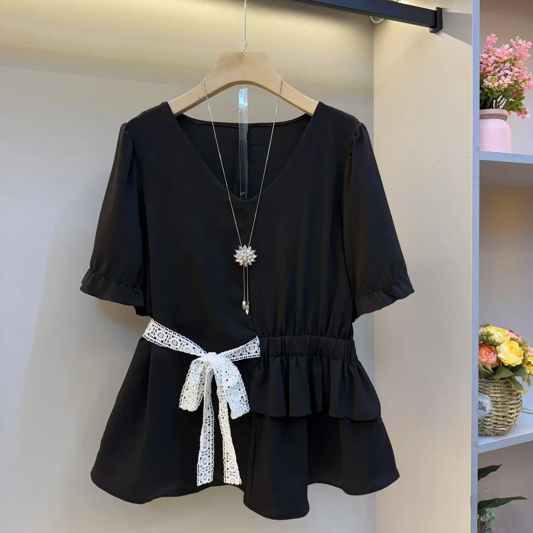 欧货2025夏新款大码女装V领设计感收腰洋气短袖女人衫