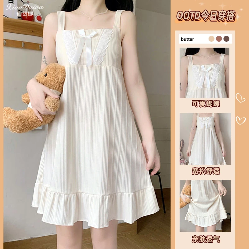 带胸垫吊带性感睡裙女款爆款2025新款夏季荷花边中款睡衣家居服