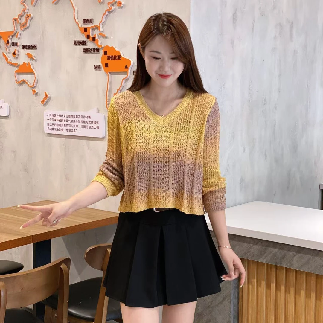 复古渐变色长袖针织衫毛衣女秋冬2025新款慵懒风宽松V领套头上衣