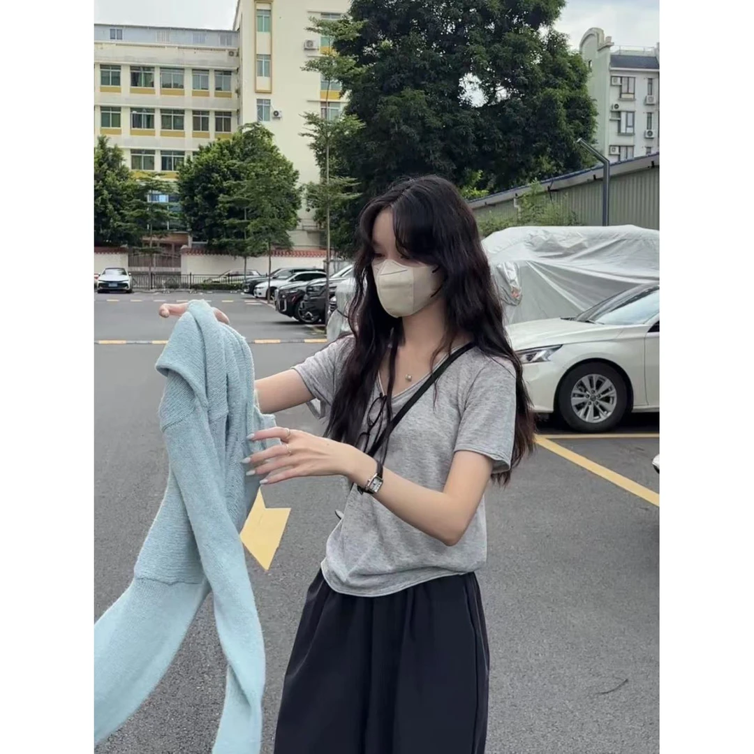 M-5629# 超级显瘦！穿上就是纸片人感慵懒随性U领针织T（30羊毛）