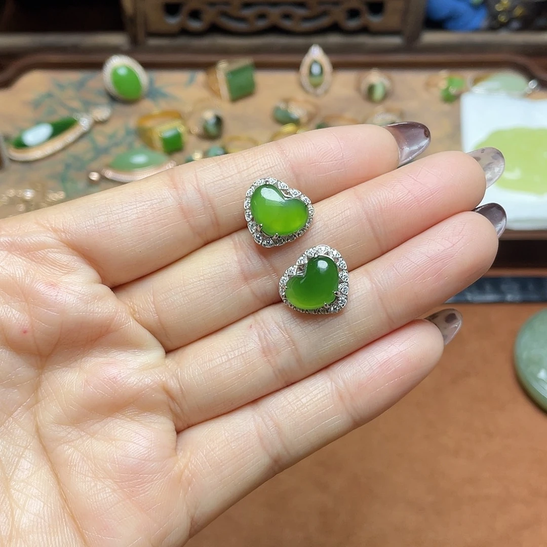 和田玉（碧玉）银S925镶嵌吊坠(不含链)耳钉