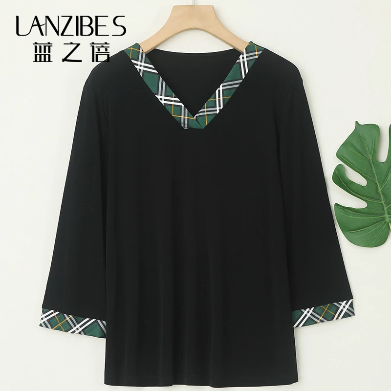 LANZIBES/蓝之蓓真丝加捻V领七分袖上衣女桑蚕丝套头衫T恤衫Z9049