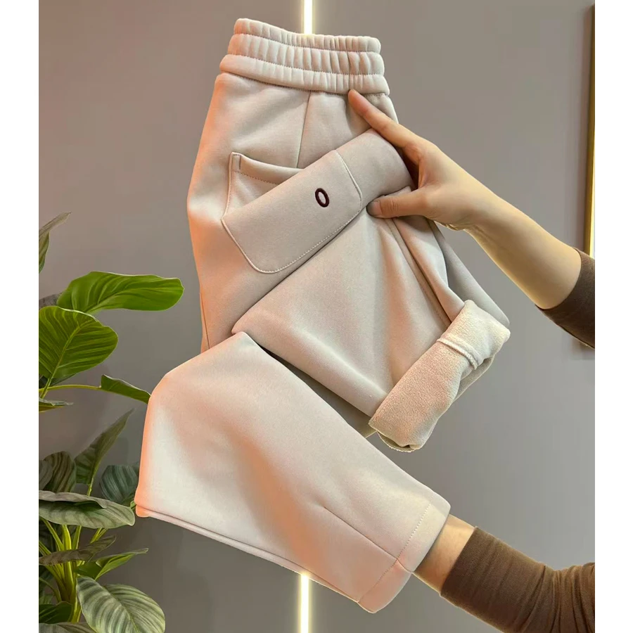 冬季加绒加厚简约休闲九分裤女小个子高腰百搭显瘦哈伦小脚裤