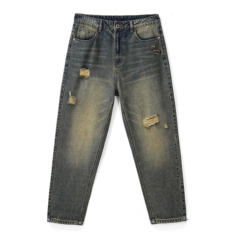 2025夏季男士九分牛仔裤轻薄透气时尚破洞休闲百搭显高显瘦弹力裤