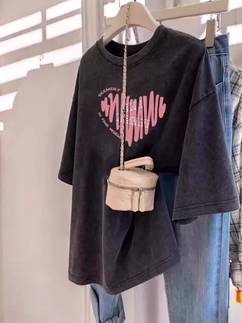 大码300斤hiphop美式做旧t恤女ins潮牌复古短袖水洗宽松上衣夏季