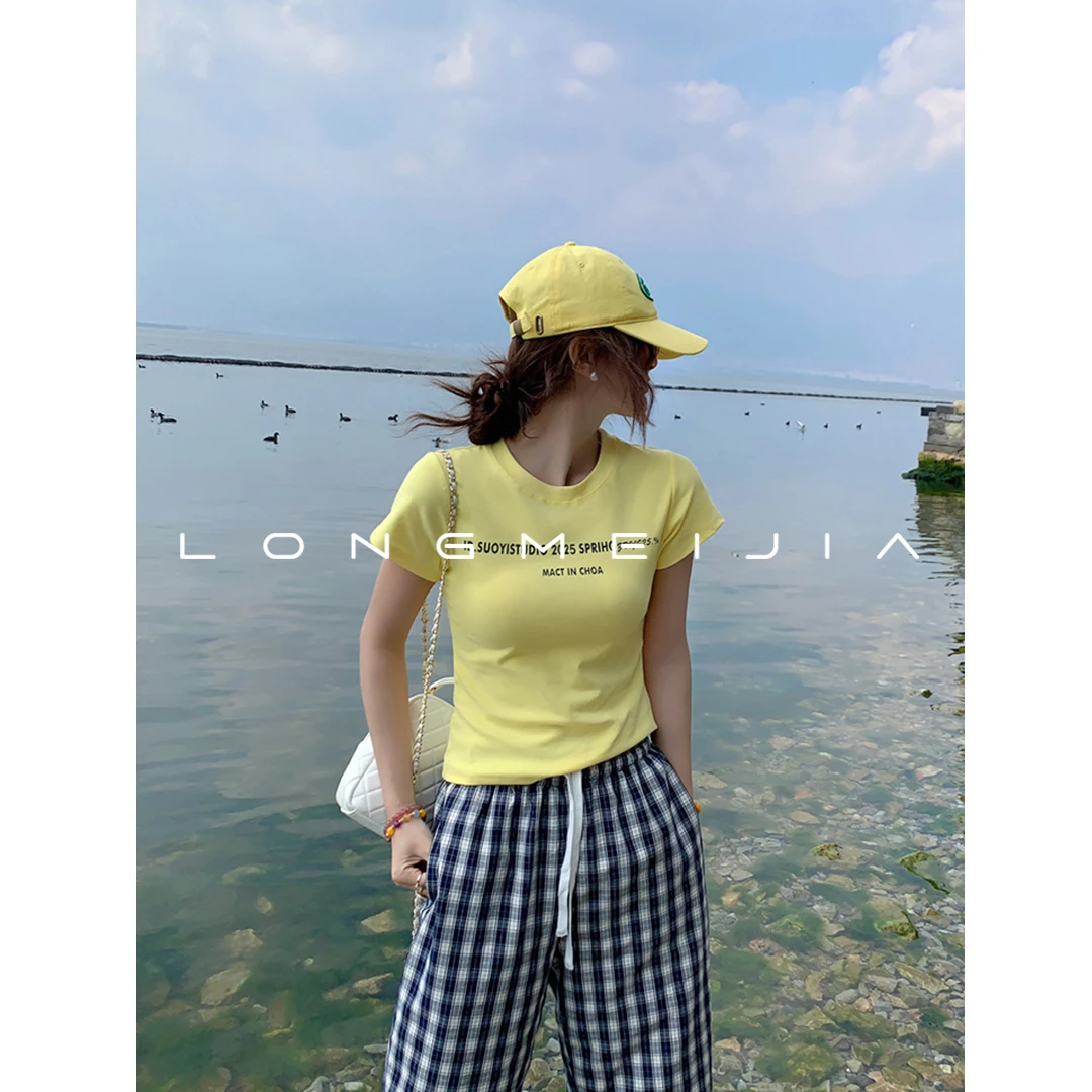 黄色圆领短袖T恤女2025夏季新款独特印花半袖修身正肩上衣