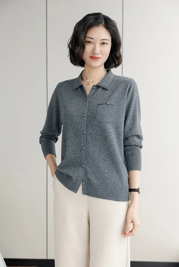 春款羊毛衫女100%纯红色羊毛大码妈妈女装羊毛打底衫开衫-8852