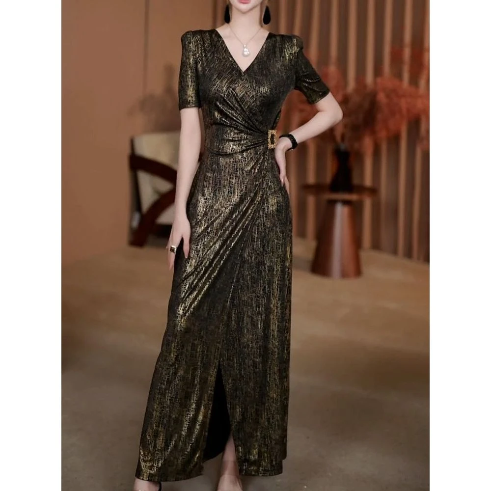 法式轻奢小香风V领连衣裙女2025夏季新款带弹力收腰显瘦短袖长裙