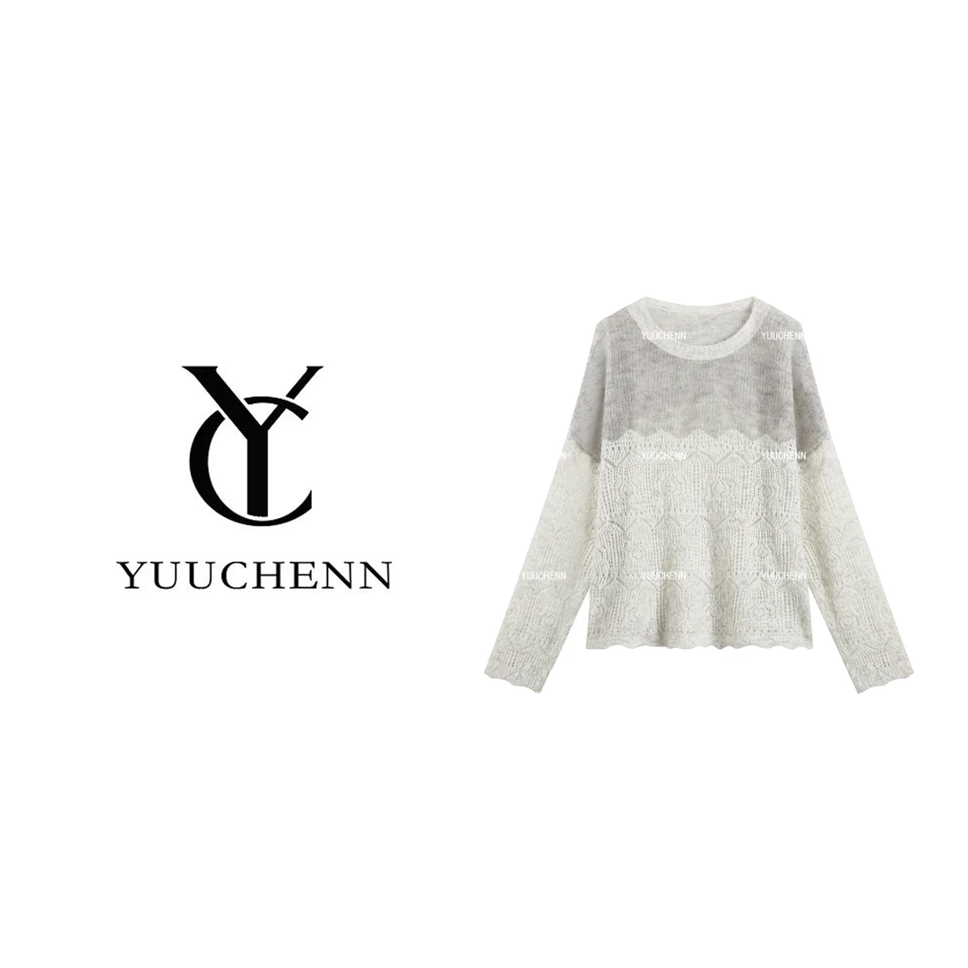 YUUCHENN 慵懒风毛针织衫女衫秋冬拼接圆领镂空上衣JYY-5102