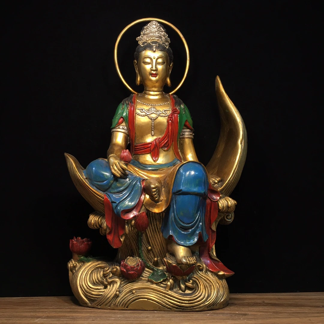 纯铜彩绘月亮自在观音长28厘米，宽15厘米，高47厘米 重7490克