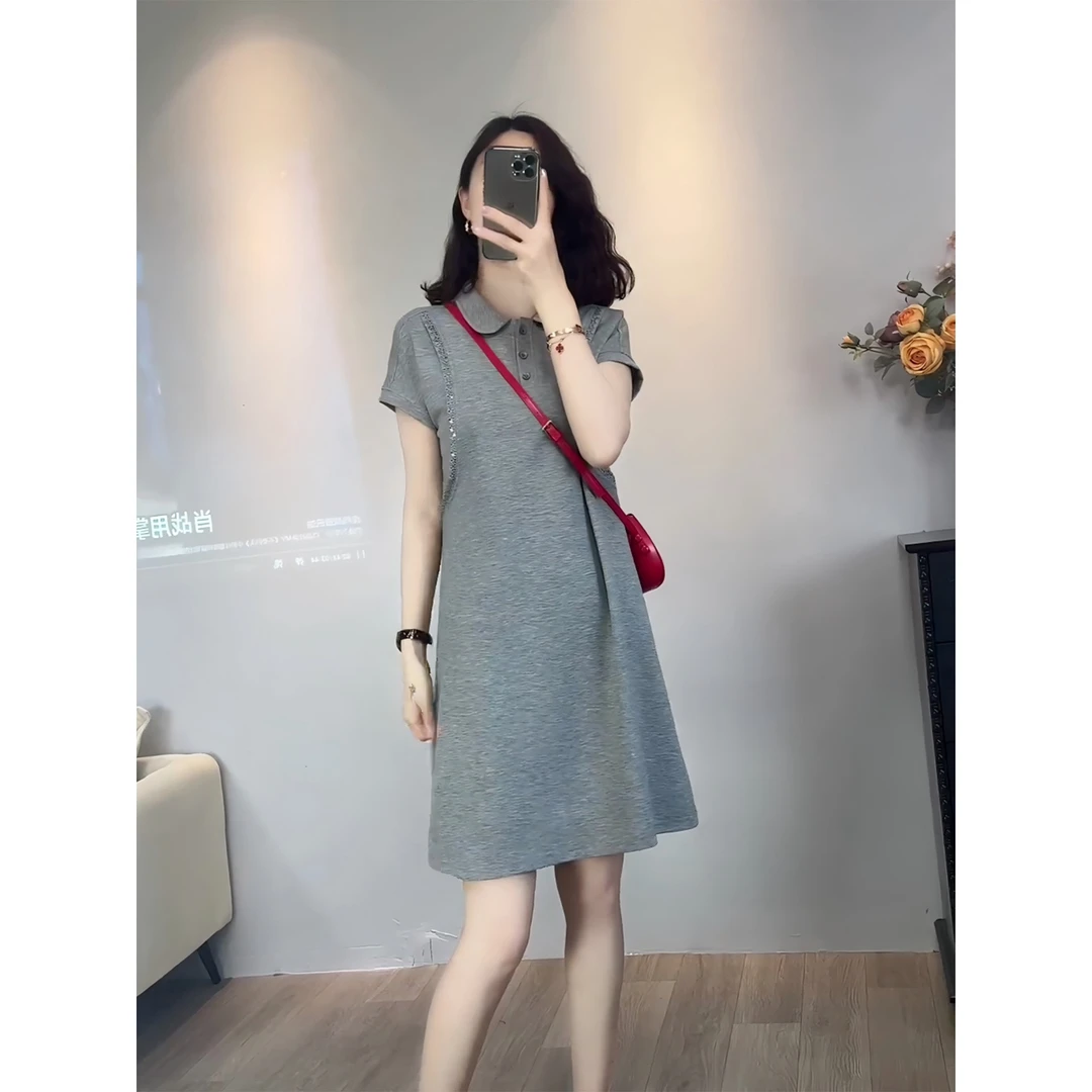韩版娃娃领短袖连衣裙女2025夏新款时尚减龄洋气显瘦百搭纯色裙子