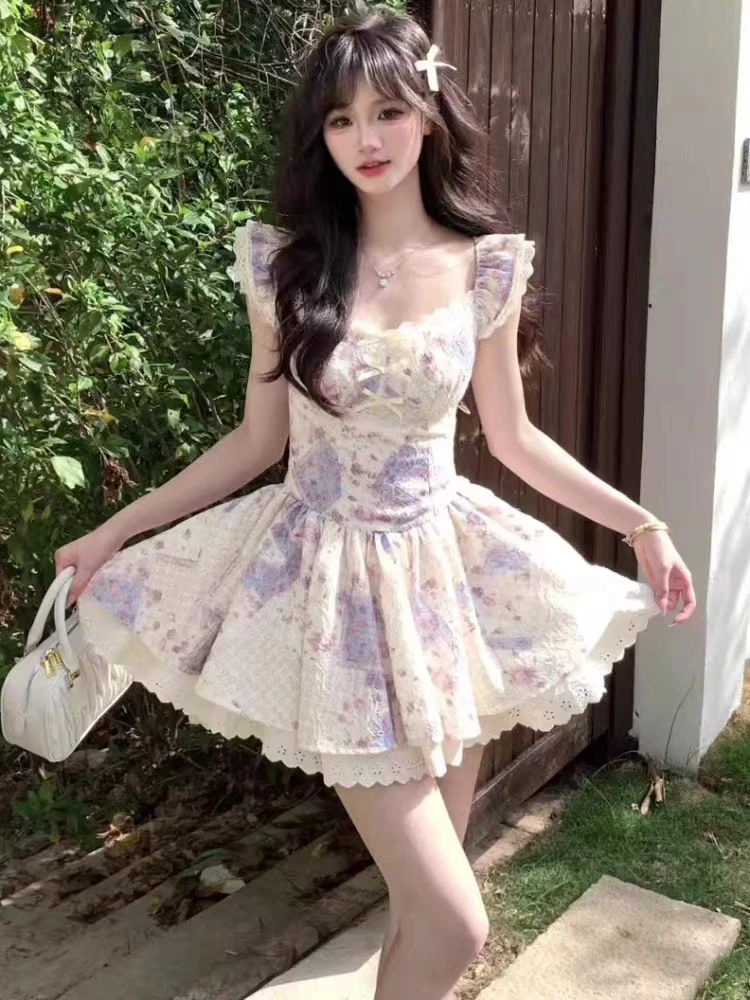 你的情书 扎染小飞袖连衣裙蕾丝拼接法式气质显瘦蓬蓬裙