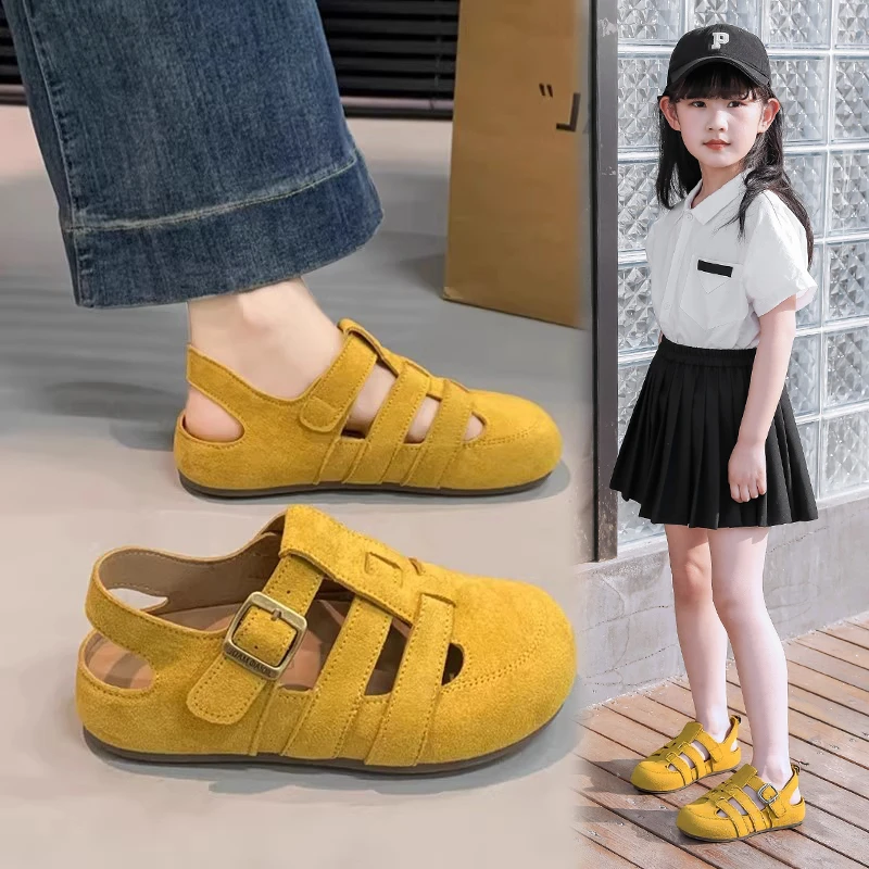 女童勃肯鞋2025夏季新款6-12岁洋气包头凉鞋儿童罗马凉鞋爆男童鞋