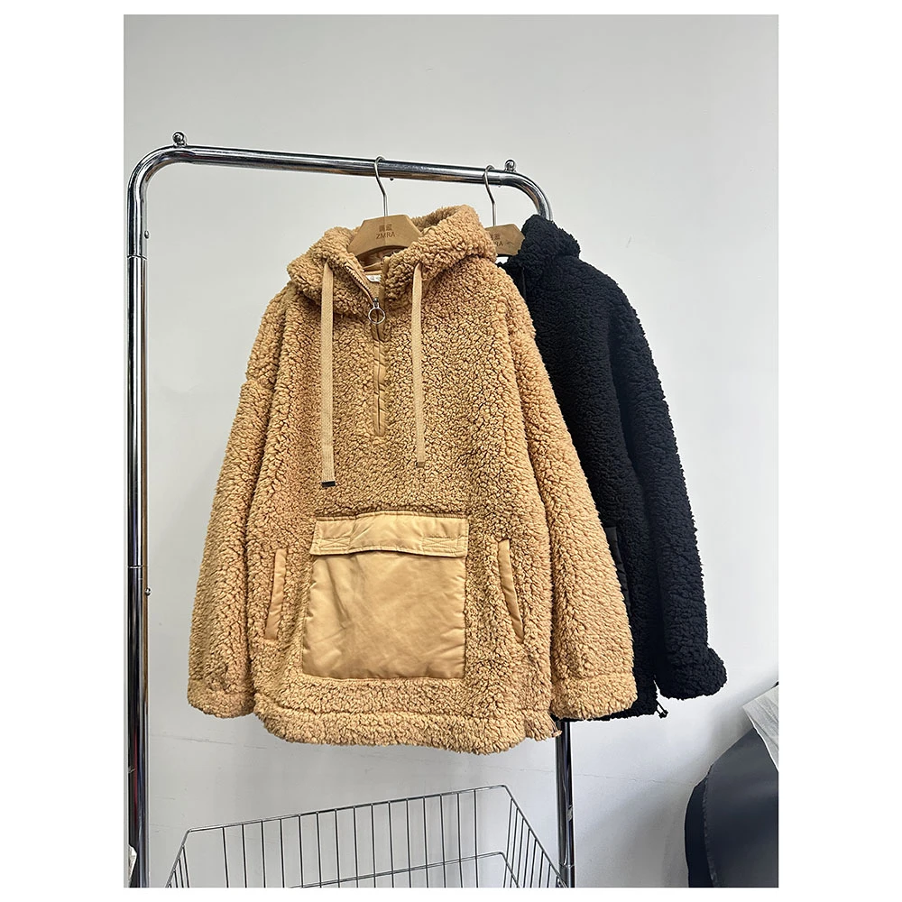 W152  秋冬新款女士宽松毛绒连帽拉链半开衫长袖套头卫衣女