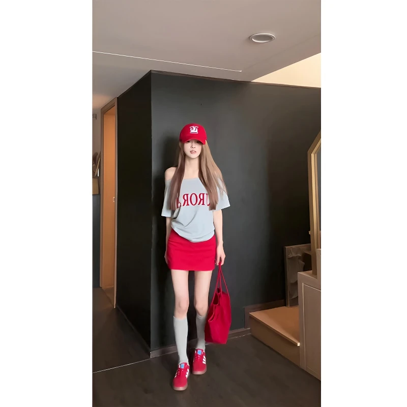 美式辣妹女装洋气时髦气质露肩斜肩短袖T恤上衣红色a字半身包臀裙