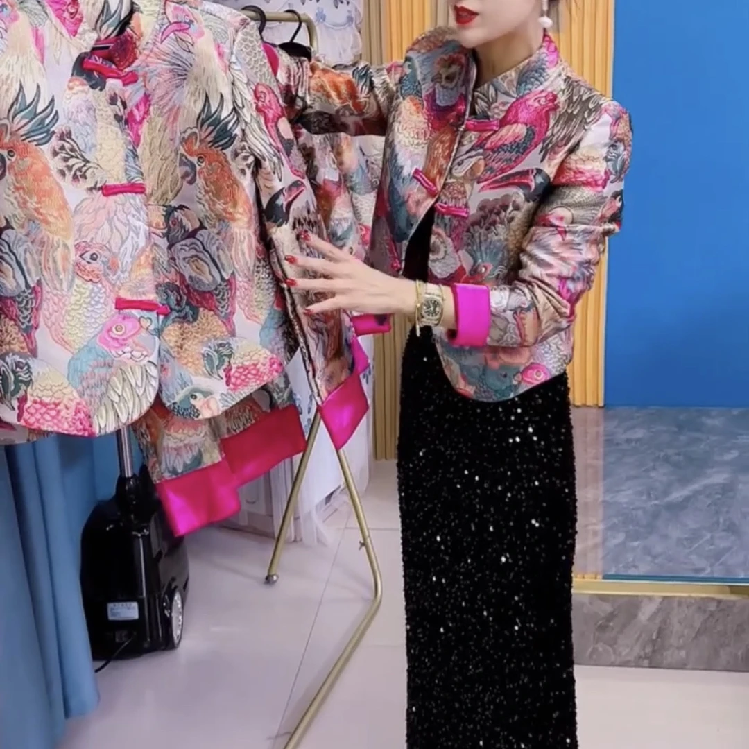 2025新款花色国风盘扣短外套长袖网红洋气时尚修身