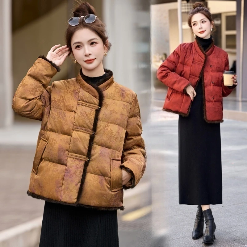 真水貂毛拼接羽绒服2025冬新款新中式唐装复古盘扣白鸭绒气质外套