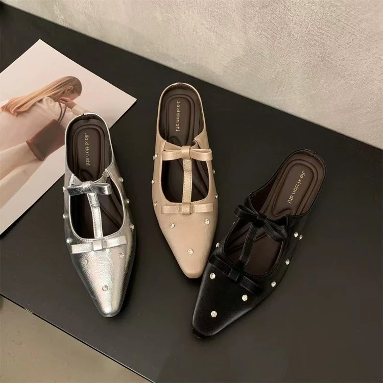2025夏新款法式尖头水钻蝴蝶结单鞋女夏外穿时尚平底温柔半拖鞋女