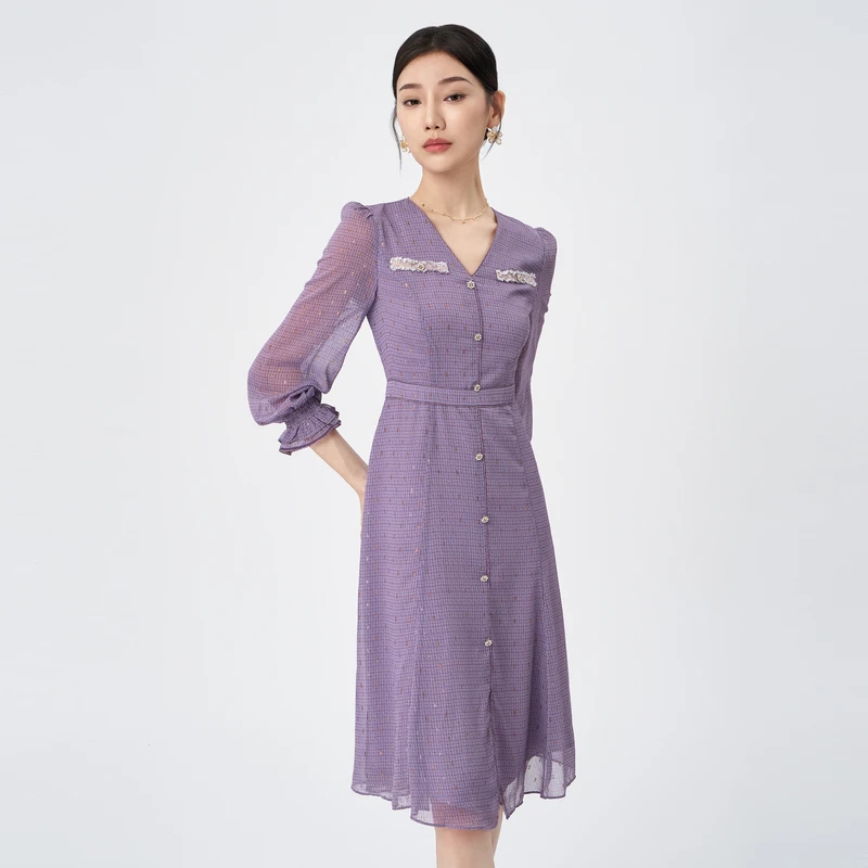 BuouBuou商场同款浪漫小香风V领雪纺连衣裙WKFG613