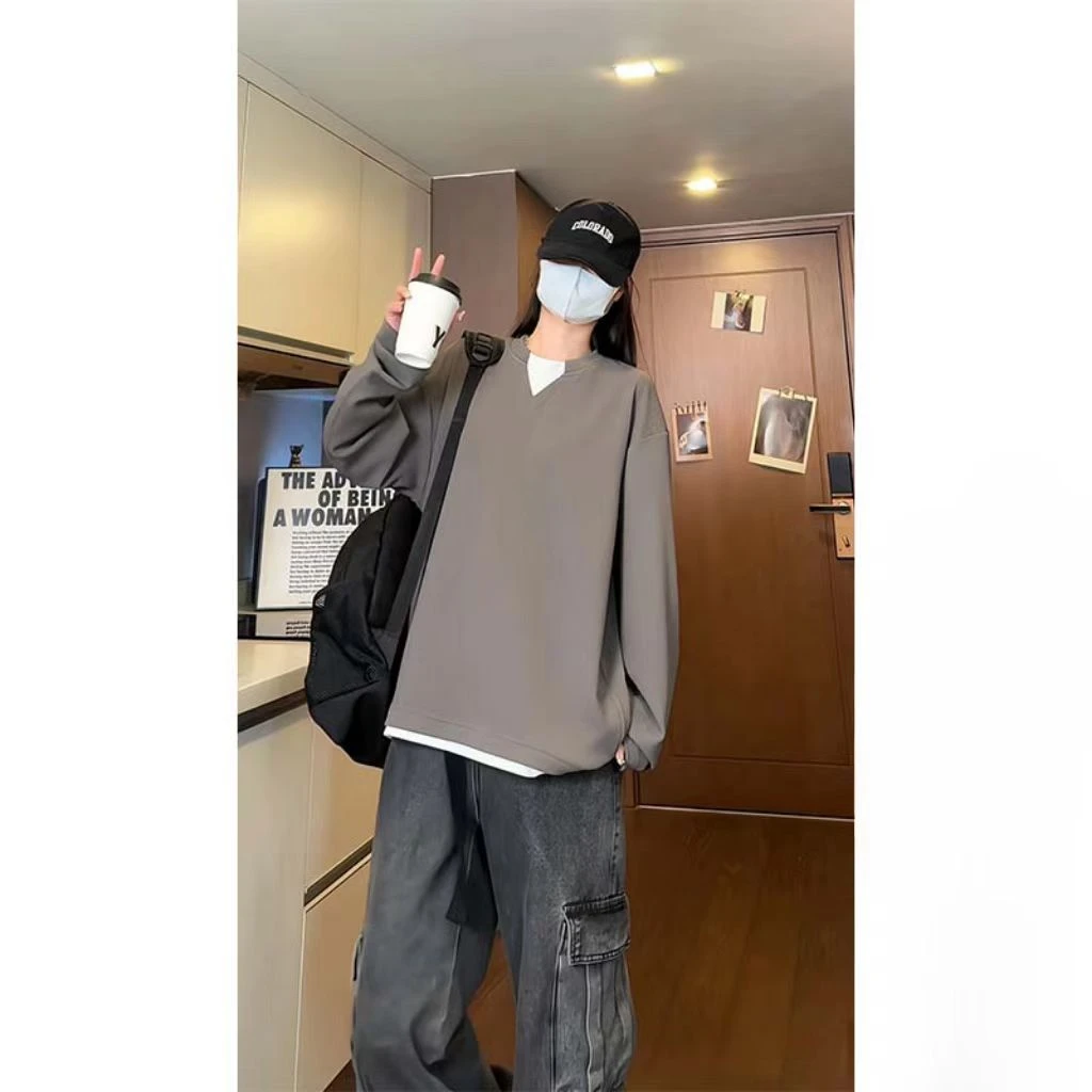 平价好物春秋季新款假两件肌理感t恤男华夫格卫衣韩版内搭打底衫