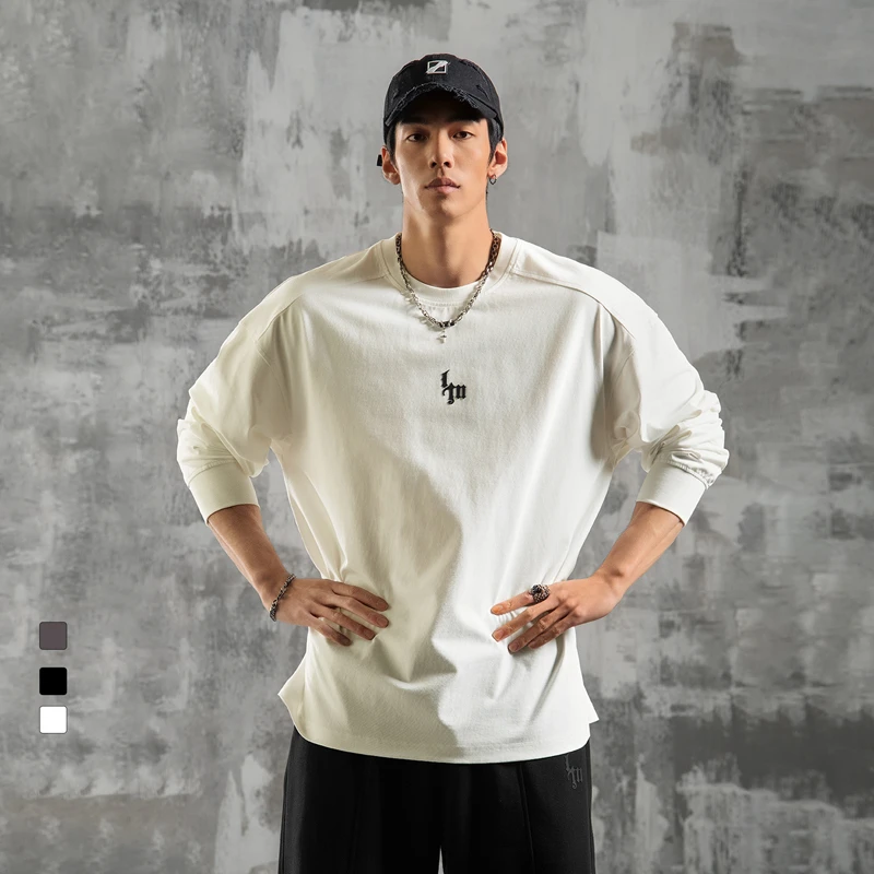 鹿家门秋冬休闲长袖宽松潮流百搭简约男士大码运动健身T恤打底衫