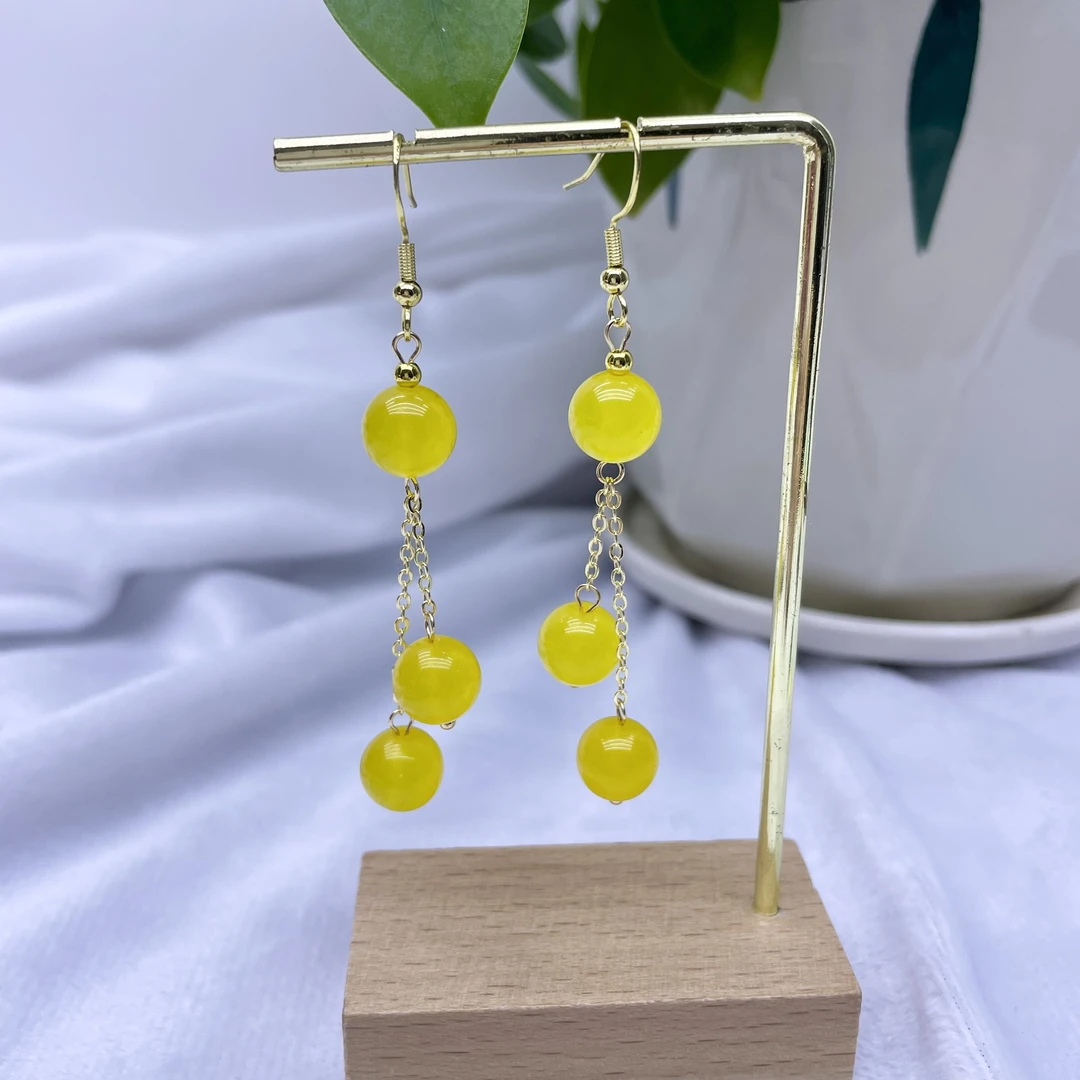 蛇年耳坠冰黄色耳环女款长流苏圆珠耳钩百搭国潮新中式饰品402